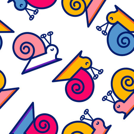 Cute smiling snail seamless pattern. Multi colored cartoon slug isolated on white background. Funny backdrop design for textile, fabric, shirt, wrapping paper. Trendy stock vector illustration.のイラスト素材