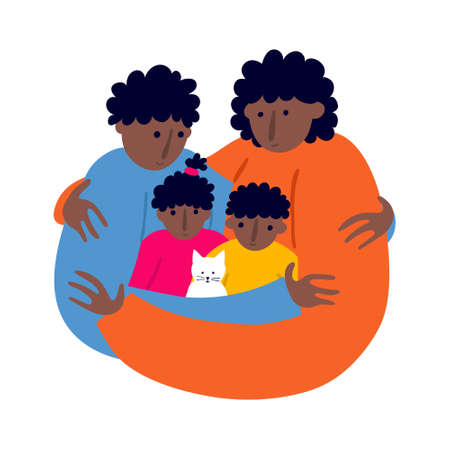 African family members embracing. Mother, father, daughter and son with a pet cat. Togetherness and closeness concept. Fun flat style drawing. Smiling people. Trendy stock vector illustration.のイラスト素材
