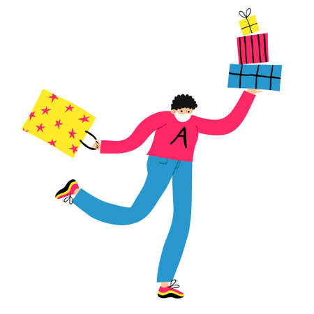 Flat style drawing of an young man in face mask with gift boxes and bag in his hand. Caucasian male in hurry. Discount and sale announcement concept. Shopping with pleasure. Stock vector illustration.のイラスト素材