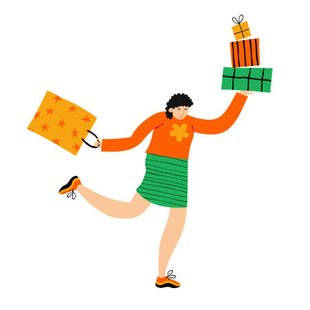 Young caucasian woman in hurry. Shopping with pleasure. Female with gift boxes and paper bag run. Fun design isolated on white background. Stock vector illustration drawn by hand.のイラスト素材