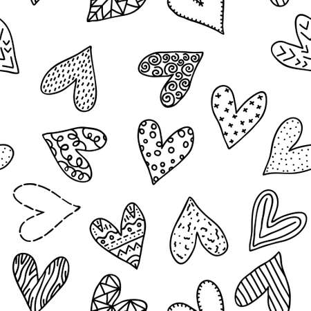 Black and white doodle hearts shapes isolated on white background. Romantic seamless pattern drawn by hand. Cute print design for textile, wrapping paper, mug, shirt, cover. Stock vector illustration.のイラスト素材