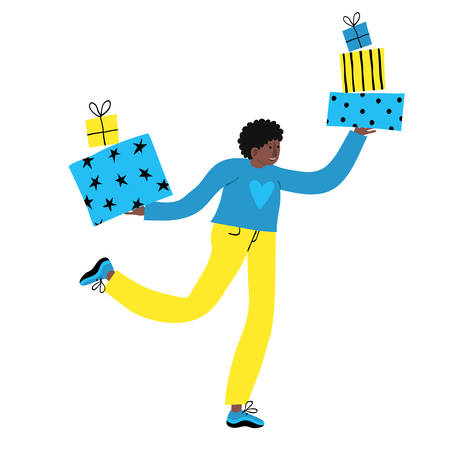 African young man exciting run with bunch of gift boxes. Afro male smiling and carrying presents. Happy Holiday shopping concept. Funny design. Fun flat style drawing. Trendy stock vector illustrationのイラスト素材