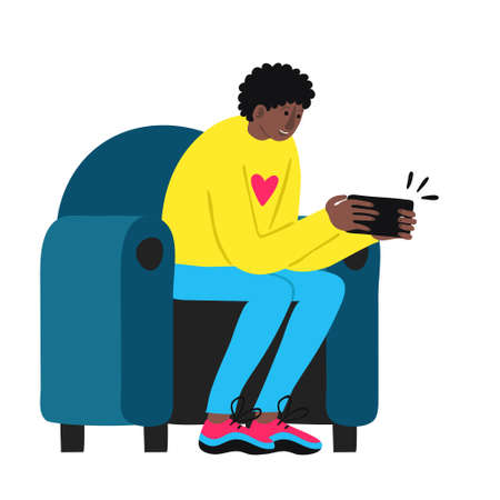 Surprised african man hold smart phone and sits in chair. Afro male in casual clothes got exiting message. Wow emotion. Shocked good news concept. Fun drawing design. Trendy stock vector illustrationのイラスト素材