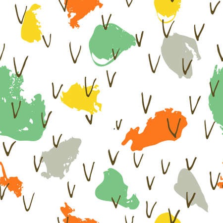 Multi colored Abstract seamless pattern. Brush stain Shapes isolated on white. Fun colorful background with doodles. Creative design for print. Trendy stock vector illustration.のイラスト素材