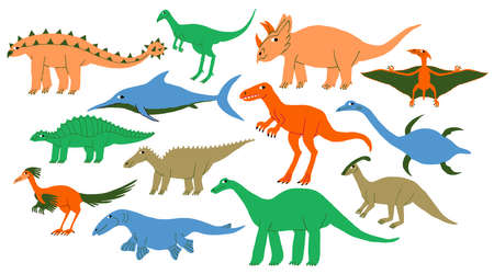Big collection set of different types dinosaurs. Land, marine, flying dino. Cute Extinct jurassic reptiles lizards. Fun colorful design. Flat style drawing. Trendy stock vector illustration.のイラスト素材
