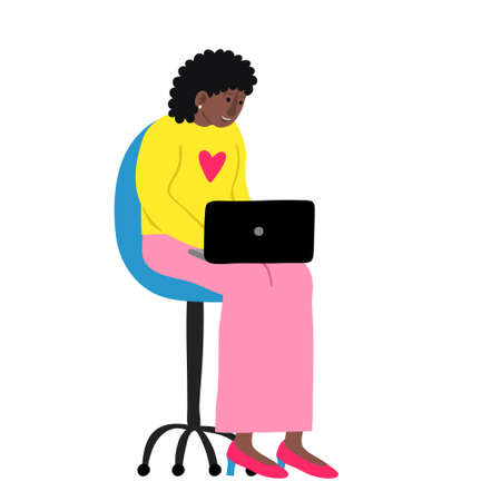 Young african woman sitting in chair with laptop. Afro female exciting smiling. Good news. Online event. Social media. Flat style drawing. Domestic life. Trendy stock vector illustration.のイラスト素材