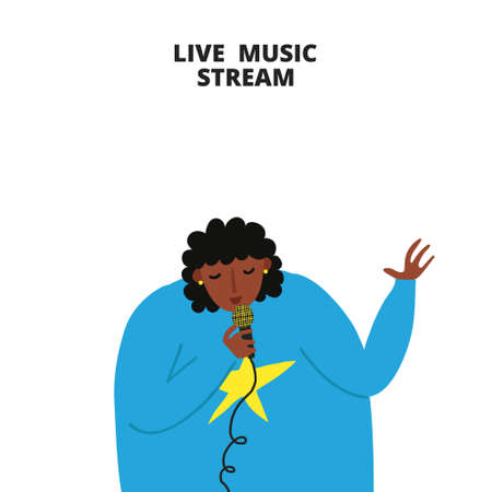 Live music stream sign. African woman singing with microphone. Afro female singer. Musical concert promotion. Copy space. Isolated on white. Fun flat style drawing. Trendy stock vector illustration.のイラスト素材