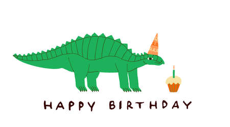 Happy Birthday greeting card with cute green dinosaur. Funny Dino in party hat and cupcake with candle. Make a wish. Fun hand drawn design for poster, banner, card. Stock vector illustration.のイラスト素材