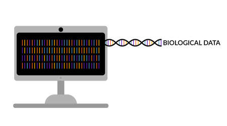 Computer monitor with biological data and dna molecule. DNA encryption. Bioinformatics and biotechnology. Scientific concept. Flat style. Isolated on white background. banner design. Stock vector illustration.のイラスト素材