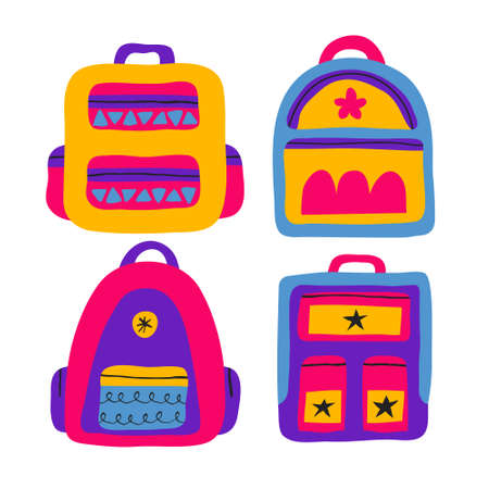 Collection set of trendy colorful backpacks isolated on white background. School supplies drawing in flat style. Fun school bag design. Stock vector illustration.のイラスト素材