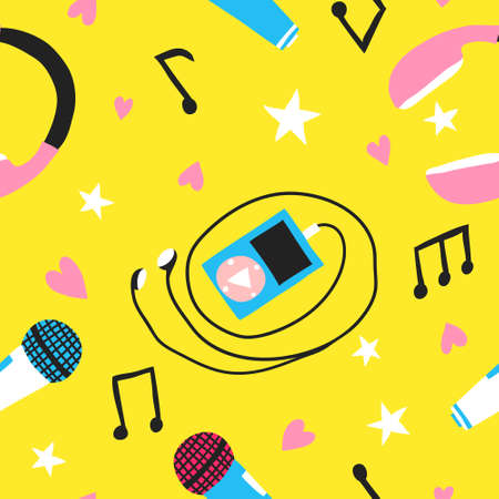 Colorful seamless pattern with mp3 player, earphones, mic and musical notes. Flat doodle collection set drawing. Fun musical design for wrapping paper, fabric. Trendy stock vector illustrationのイラスト素材