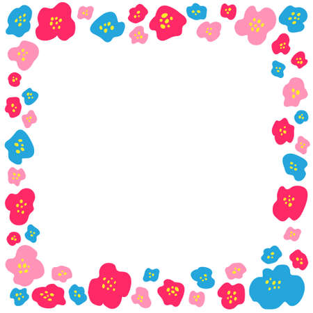 Frame made of flower blossoms isolated on white background. Empty copy space for text. Floral blooms composition. Stylish design template, for party invitation, greeting card. Stock vector illustratioのイラスト素材