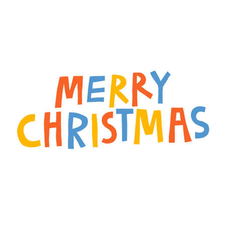 Fun "Merry Christmas" sign isolated on white background. Hand drawn lettering with multicolor letters. Festive christmas design template for greeting card, poster, banner. Stock vector illustrationのイラスト素材