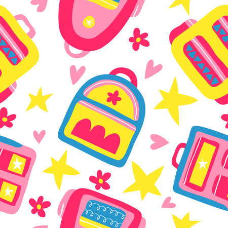 Fun multicolor seamless pattern with backpacks, stars and heart shapes. Cute childish doodles. Flat style drawing design. School bags isolated on white background. Trendy stock vector illustration.のイラスト素材