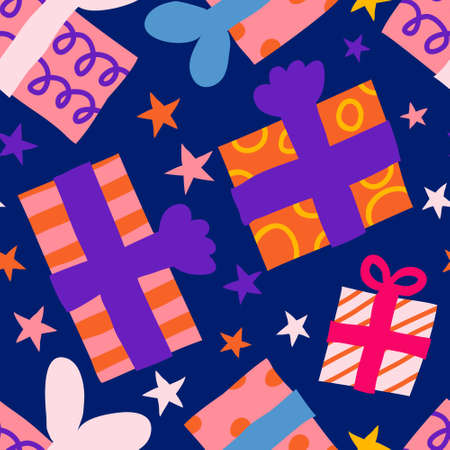 Fun seamless pattern with collection set of packed presents on dark background. Flat style drawing. Wrapped gift with bow. Design for digital paper, textile. Birthday print. Stock vector illustrationのイラスト素材