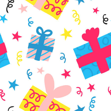 Holiday seamless pattern. Festive gifts isolated on white. Colorful presents with bows. Gift box in wrapping paper. Fun multicolor design for textile, digital paper. Trendy stock vector illustrationのイラスト素材