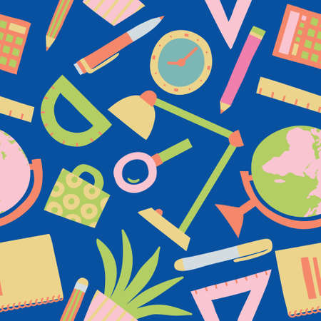 Colorful seamless pattern with school items on blue background. Collection set of school supplies. Globe, lamp, pen, ruler, protractor, mug, potted plant. Flat style drawing. Stock vector illustrationのイラスト素材