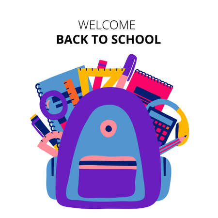 Welcome back to school sign. Backpack with school supplies in it. Isolated on white background. Colorful collection set of items. Flat style drawing. Fun banner design. Stock vector illustration.のイラスト素材