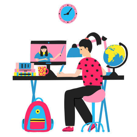 Caucasian girl studying. Internet education. Woman teacher on computer monitor. Live stream. Online school. E-learning concept. Distance home learning. Flat style drawing. Stock vector illustrationのイラスト素材