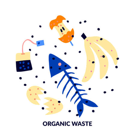 Organic waste isolated on white background. Fish skeleton, tea bag, apple core, eggshell, banana peel. Flat style drawing. Food garbage concept. Color modern design. Trendy stock vector illustration.のイラスト素材