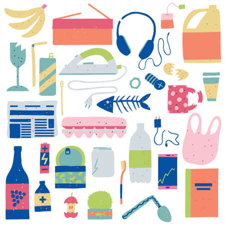 Collection set different types of garbage isolated on white. Organic, metal, glass, paper, e-waste, plastic waste. Group of objects. Flat style drawing. Modern design trendy stock vector illustrationのイラスト素材