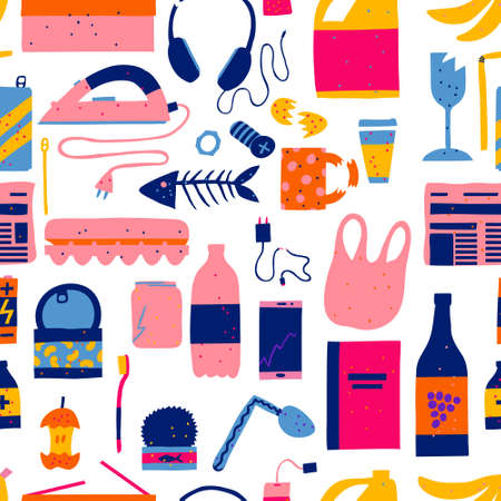 Seamless pattern with unsorted waste isolated on white background. Metal, organic, plastic, paper, e-waste, glass garbage. Flat style drawing. Modern banner design. Trendy stock vector illustrationのイラスト素材