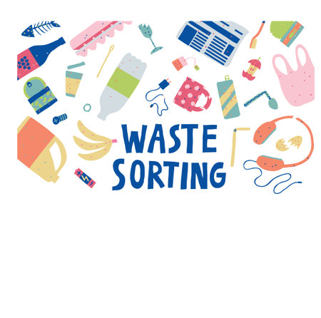 Waste sorting and recycle concept. Collection of unsorted garbage. Trash isolated white background....