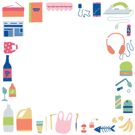 Waste sorting concept. Square frame made of sorted garbage isolated on white background. Empty copy space. Organic, metal, plastic, glass, e-waste, paper trash. Hand drawn stock vector illustrationのイラスト素材
