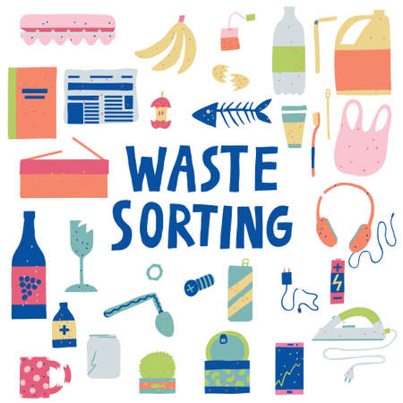 Collection set of unsorted garbage. Waste sorting lettering. Hand drawn group of trash. Isolated on white. Environmental pollution and recycling concept. Trendy design. Stock vector illustration.のイラスト素材