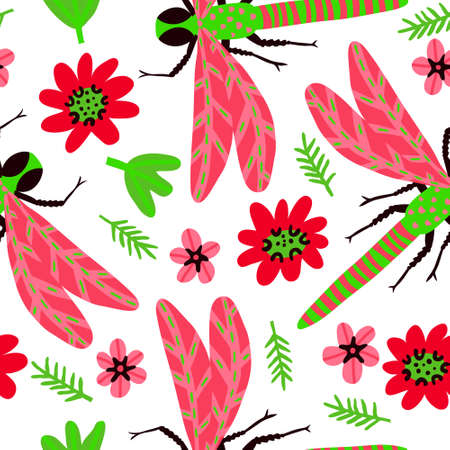 Beautiful seamless pattern with hand drawn dragonflies and flowers. Natural forest background. Isolated on white background. Insects with wings. Garden pattern for textile. Stock vector illustrationのイラスト素材