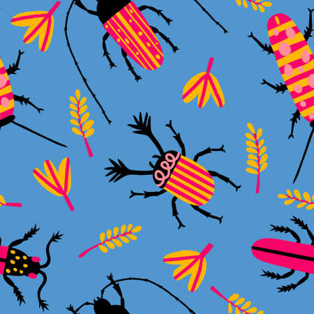 Fun seamless pattern with multicolored beetles and leaves on blue background. Cute garden concept. Hand drawn print design for textile, wallpaper, fabric. Doodle drawing. Stock vector illustration.のイラスト素材