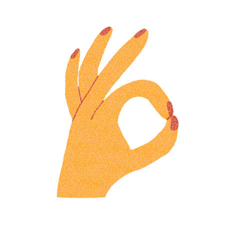 "Okay" hand gesture isolated on white background. Positive, agree sign. Flat style drawing. Hand drawn design for poster, print. shirt. Stock vector illustrationのイラスト素材