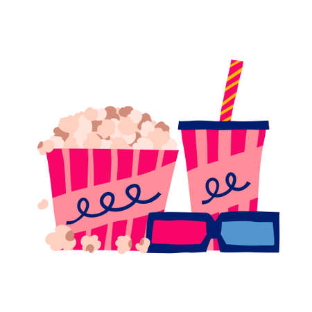 Popcorn, soda and 3d glasses isolated on white background. Modern hand drawn typography. Watch film concept. Movie theater entertainment. Creative cinema art flat style vector design. Fun illustrationのイラスト素材