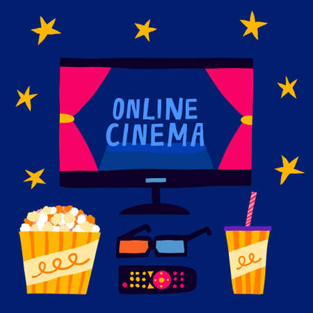 Online cinema sign on tv monitor. 3d glasses, remote control, popcorn and soda on dark background. Home movie theater. Watching film on television. Flat style illustration. Modern hand drawn vectorのイラスト素材