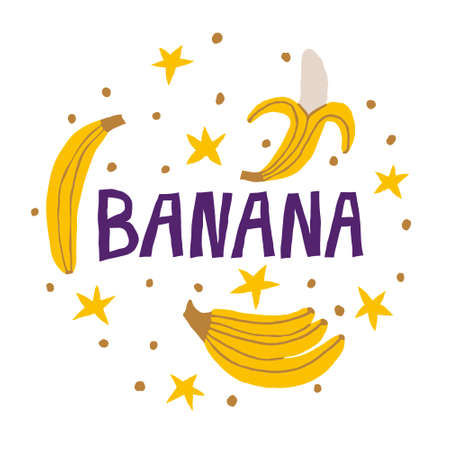 Banana lettering sign and yellow bananas isolated on white background. Hand drawn word and fresh exotic fruits. Cute trendy illustration. Natural vector designのイラスト素材