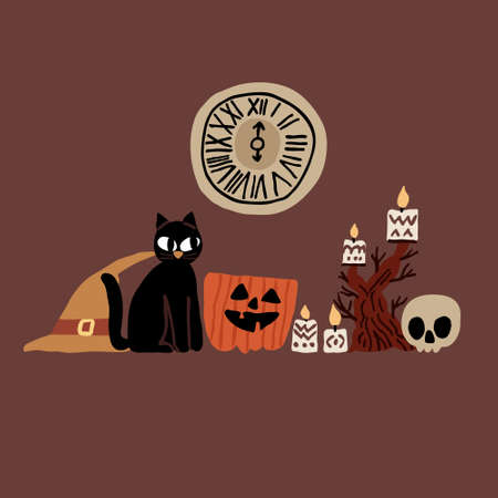 Halloween illustration with black cat, skull, witch hat, evil pumpkin, candlestick and clock. Collection set of hand drawn elements. Spooky holiday concept. Vector design for poster, party invitationのイラスト素材