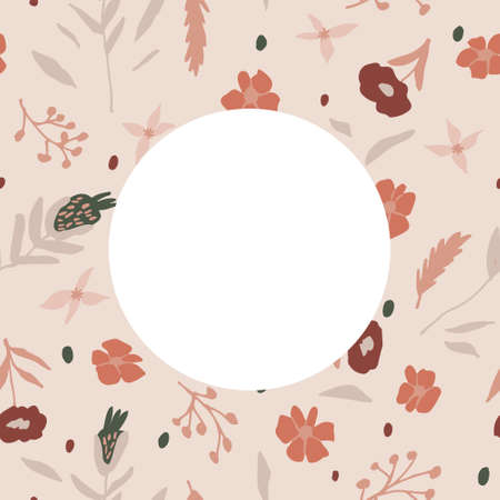 Lovely floral pattern and round copy space for text. Pastel botanical background. Hand drawn design for card, banner, invitation. Modern doodle flowers and leaves. Trendy natural vector illustrationのイラスト素材
