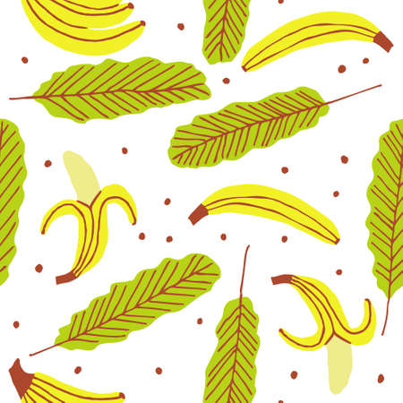 Seamless pattern with bananas and leaves isolated on white background. Hand drawn fresh and healthy food. Flat style design for fabric, textile. Tropical fruit doodle illustration. Summer vector printのイラスト素材