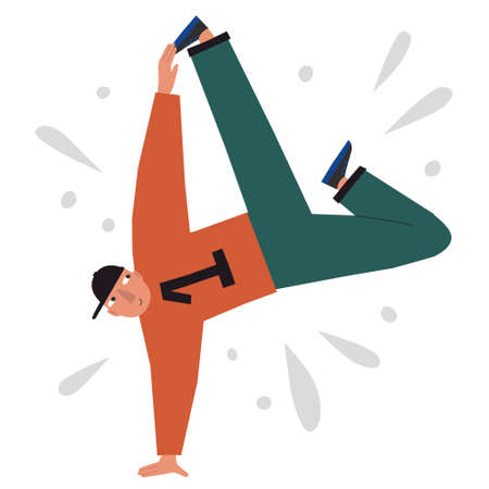 Funny male street dancer in flat style isolated on white background. Breakdance guy freeze in handstand. Cool hip hop poster. Hand drawn freestyle man. Fun doodle drawing. Trendy vector illustrationのイラスト素材