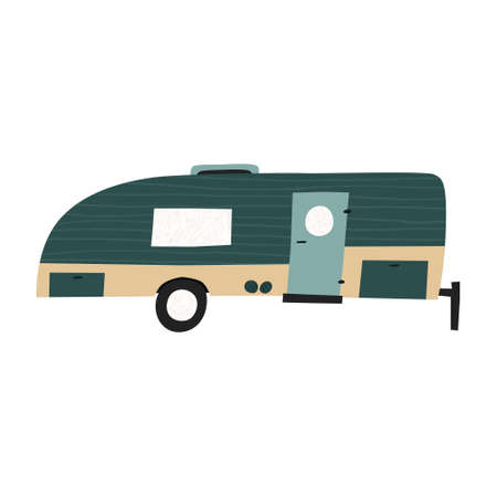 Cute hand drawn motor home isolated on white background. Flat style recreational vehicle illustration. Fun doodle design of trailer caravan. Modern transportation for road journey. Trendy vectorのイラスト素材