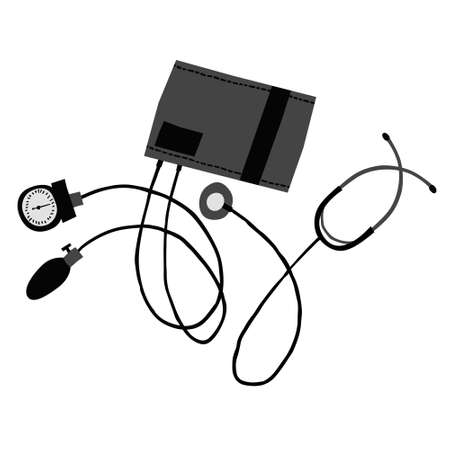Hand drawn sphygmomanometer isolated on white background. Medical equipment for measuring the human patient blood pressure. Blood pressure gauge doodle drawing. Trendy stock vector illustrationのイラスト素材