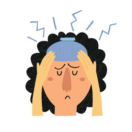 Young woman suffering from headache isolated on white background. Hand drawn female with pain hold ice pack bag on head. Migraine disease concept. Flat style drawing. Trendy vector illustrationのイラスト素材