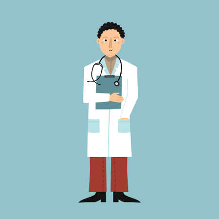 Hand drawn caucasian doctor with stethoscope and clipboard. Smiling cheerful man in white medical coat. Fun flat style drawing. Full length young male illustration. Creative healthcare vector designのイラスト素材
