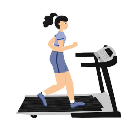 Hand drawn caucasian woman in sportswear and treadmill isolated on white background. Cardio training with running on treadmill. Sports workout. Flat style drawing design. Trendy vector illustrationのイラスト素材