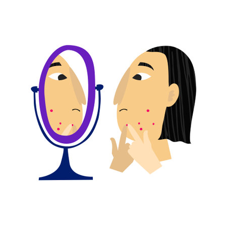 Young person looks in mirror and pops a pimple. Acne problem concept. Hand drawn character with facial blemish isolated on white background. Squeezing zit. Trendy stock vector illustrationのイラスト素材