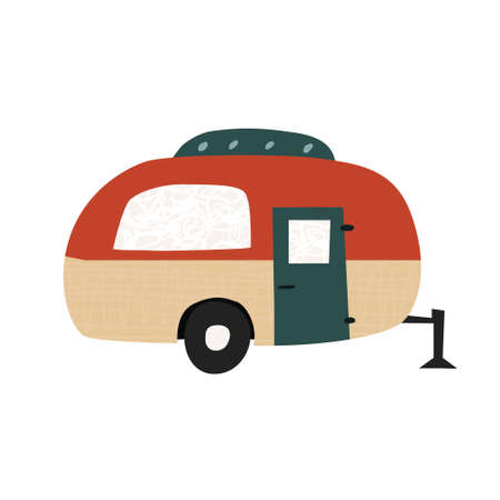 Hand drawn camper trailer isolated on white background. Fun doodle drawing of recreational vehicle. Cute motor home with wheels. Camper van in flat style. Trendy vector illustrationのイラスト素材