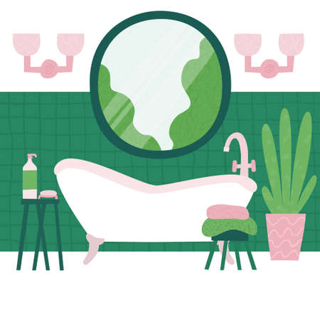 Modern clean bathroom interior, blue tiles isolated on white. Bath tub with tap, faucet, round window, lamp, potted plant, stool with soap and towels. Hand drawn flat vector illustration with textureのイラスト素材