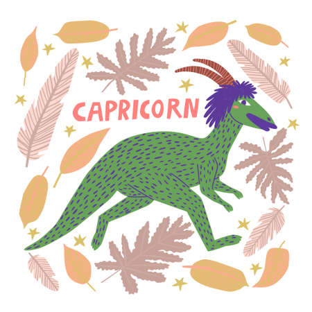 Childish dinosaur capricorn zodiac sign isolated on white background. Funny monster with horns. Hand drawn animal, horoscope cartoon vector illustration. Humorous kids t shirt, poster print designのイラスト素材