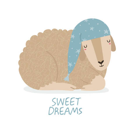 Sweet Dreams lettering quote and cute sheep character wearing nightcap isolated on white. Hand drawn lamb sleeping with smile. Baby nursery poster design, childish cartoon animal vector illustrationのイラスト素材