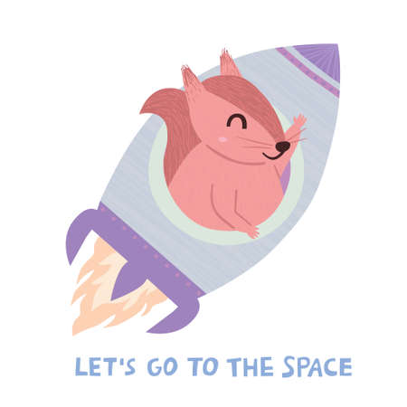 Cute cartoon squirrel character fly in rocket and Let's Go To The Space quote text. Cheerful flat hand drawn childish animal waving from spaceship. Kids nursery poster print art design. Space vectorのイラスト素材